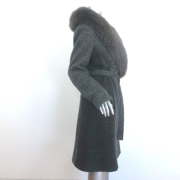 Fleurette Fox Fur Collar Wrap Coat Dark Gray Wool-Blend Size 14 - Picture 4 of 9